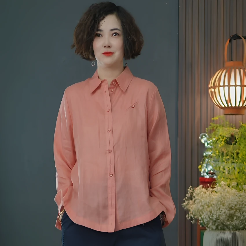 斜纹苎麻多扣笑脸衬衣时尚休闲百搭显瘦春夏衬衣宽松长袖衬衫简约