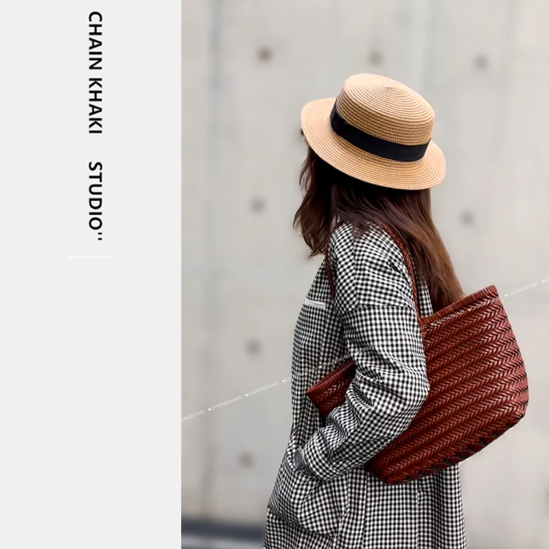 编织托特包购物袋大容量女包小众轻奢夏镂空手提包头层牛皮单肩包