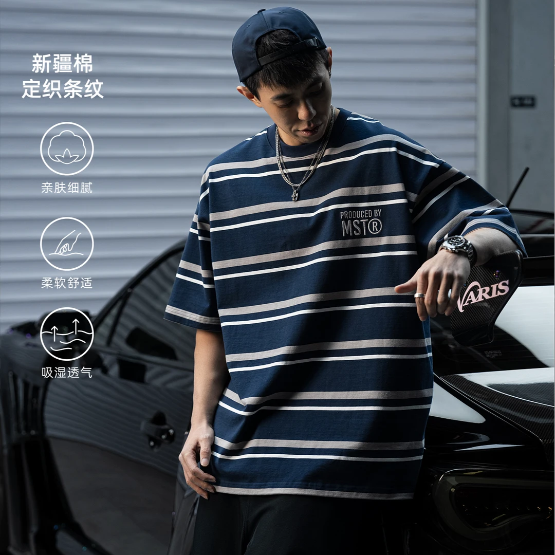 MASSULTI 25SS定织新疆长绒棉 日系横条纹刺绣logo宽松Tee短袖T恤