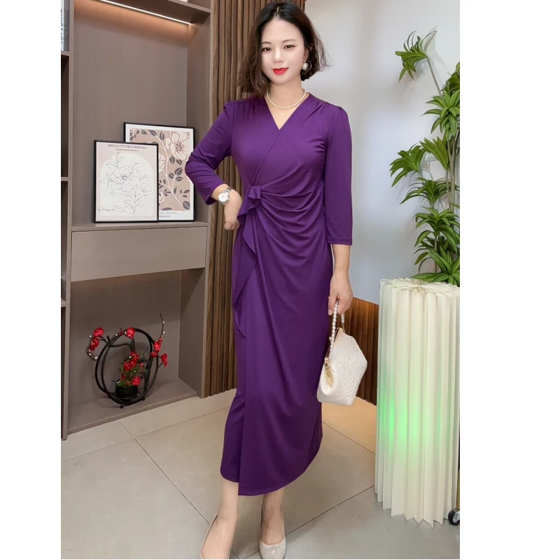 水晶麻遮肚子包臀裙收腰春季套头名媛连衣裙中长裙长裙