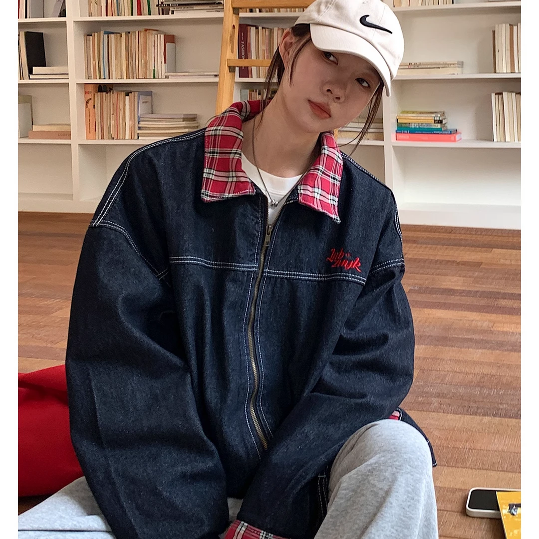 Vswhat「摩登碰撞」美式复古撞色拼接翻领牛仔外套女装工装夹克