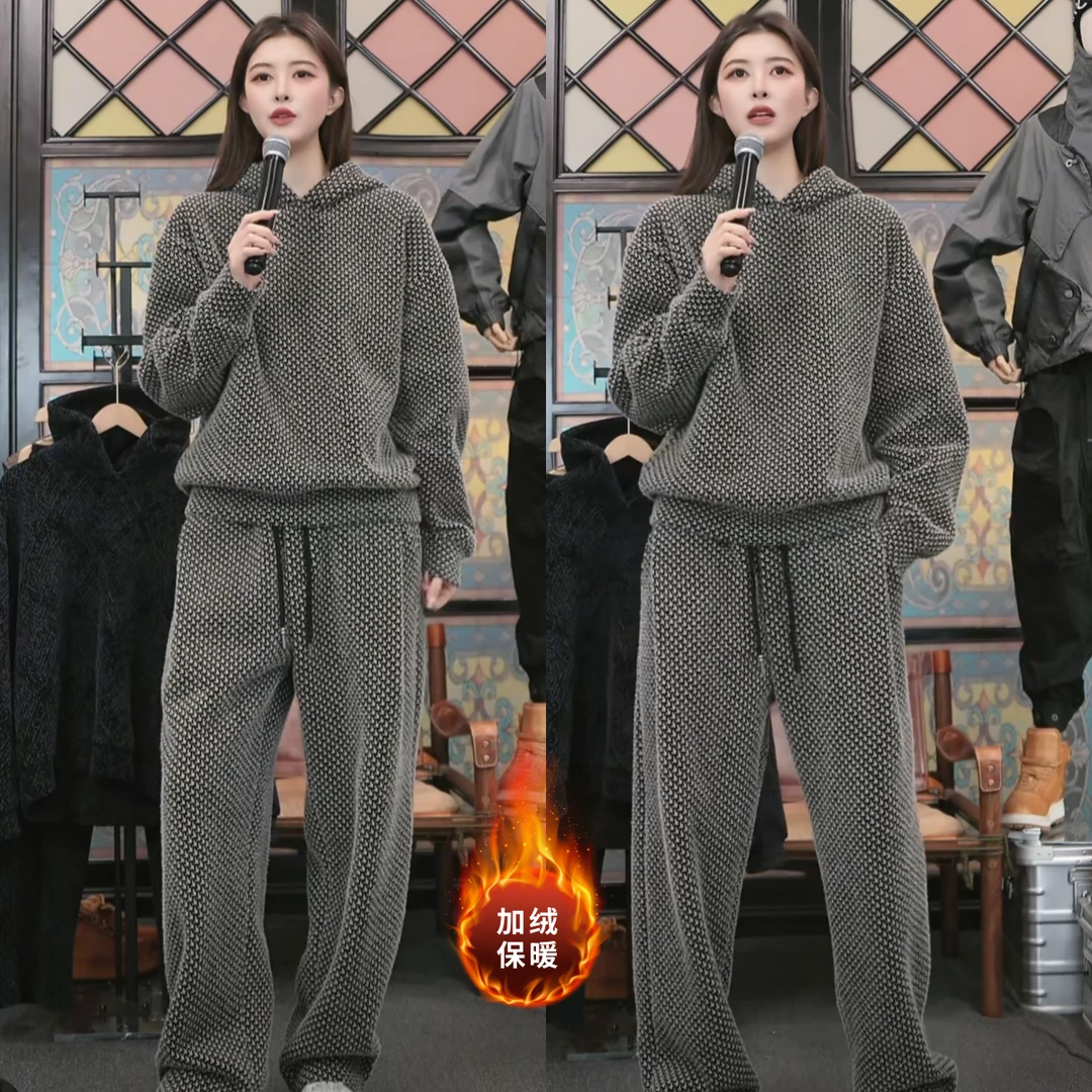 冬季加绒加厚潮牌时尚老钱风千鸟格连帽套装休闲复古男士两件套