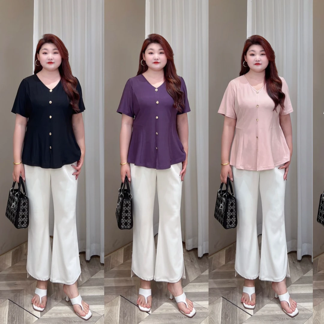 上新【悦林大码】PMM82017夏季新款简约纯色气质V领收腰上衣