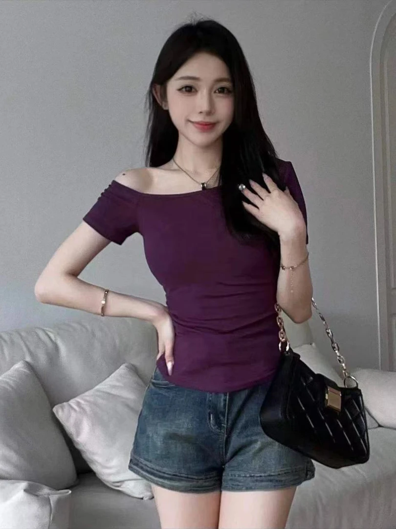A201-299纯欲辣妹自带胸垫短袖T恤夏季新款小众斜肩设计感显瘦