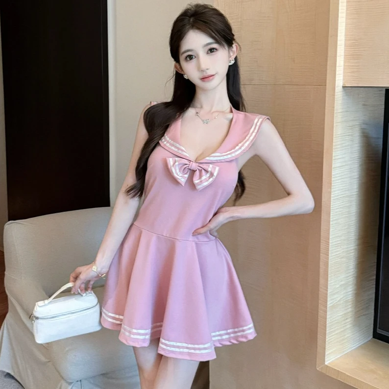 学院风jk制服连衣裙夏季辣妹性感v领低胸大摆裙蝴蝶结粉色A字短裙