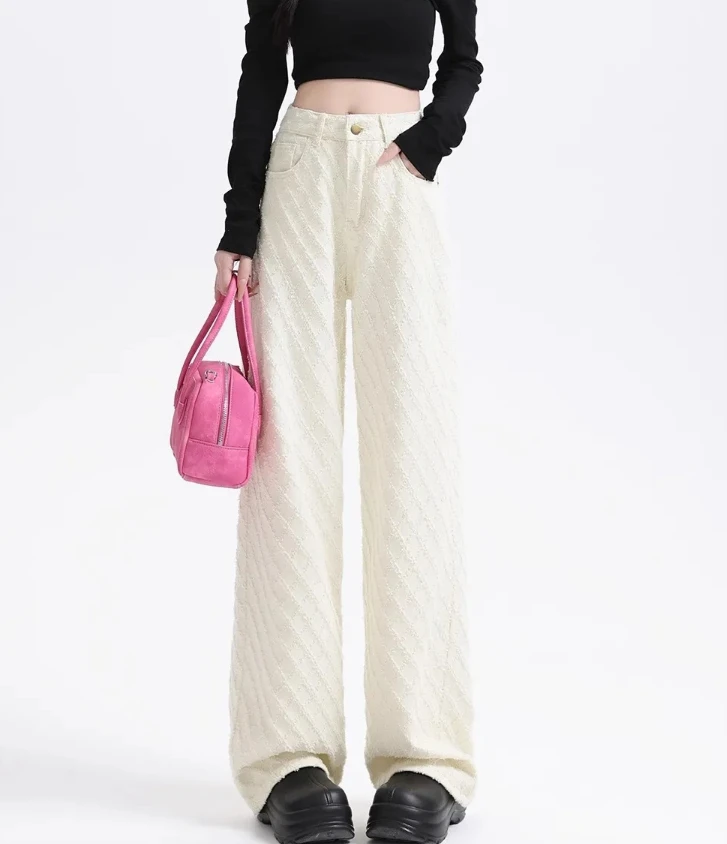 夏季设计感杏色高腰菱格菠萝直筒显瘦牛仔裤女窄版阔腿裤百搭垂感