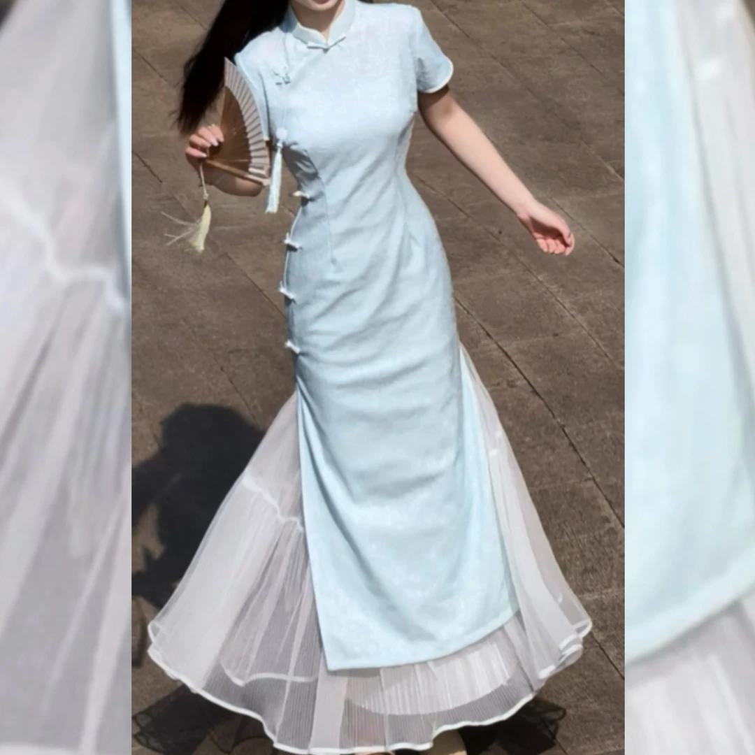 俏娘鱼旗袍裙子女款爆款2025新款中国风蓝色淑女范短袖日常新中式