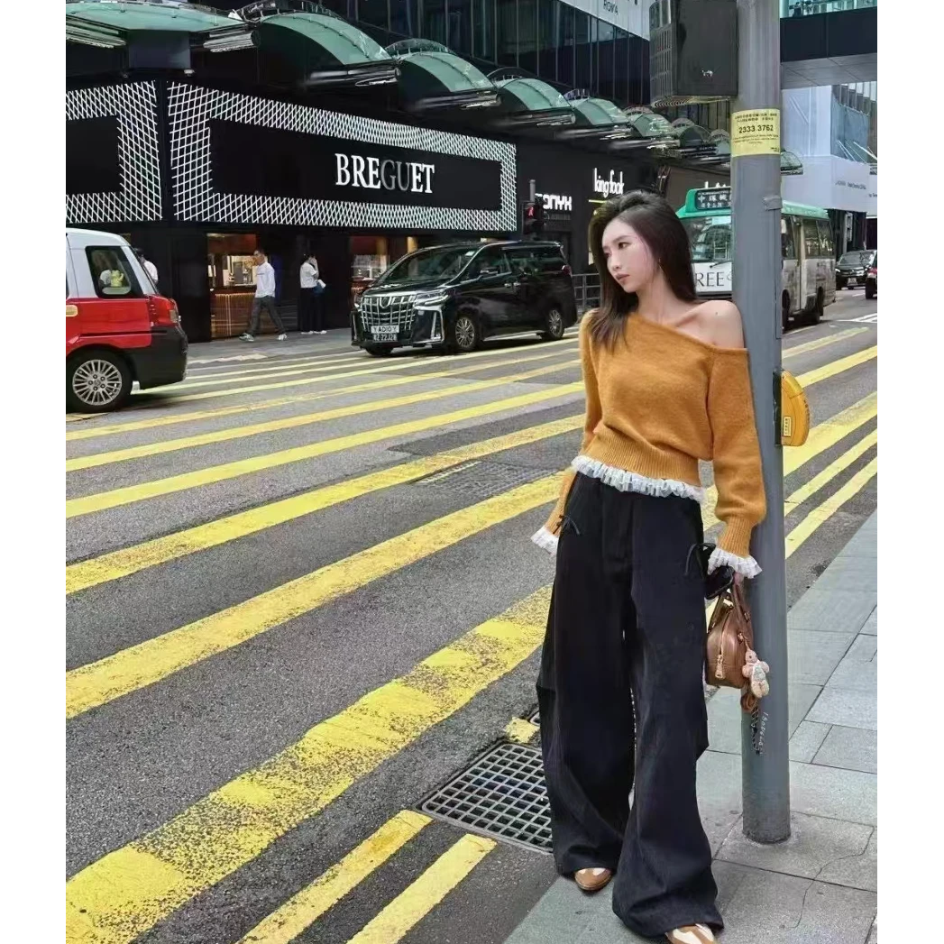 5536黑色蝴蝶结宽松阔腿裤早春季新款美式垂感弯刀牛仔裤女显瘦