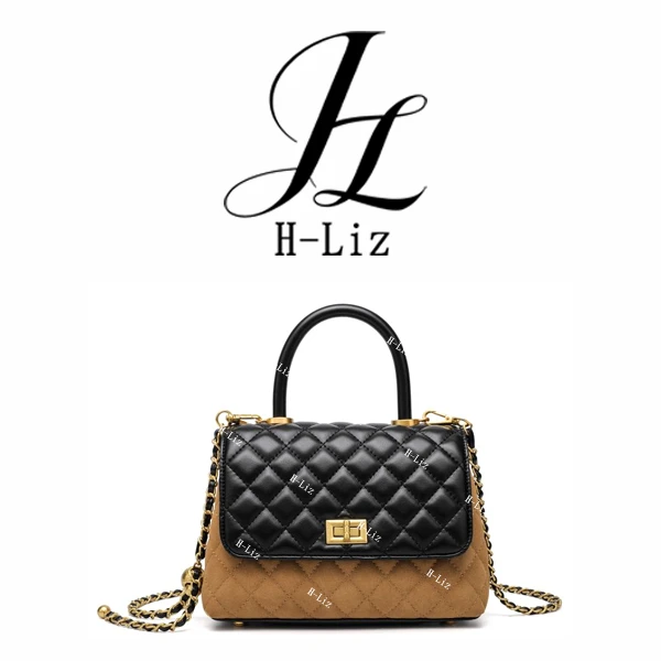 H-Liz 复古菱格拼色手提包CK25736KA棕拼黑