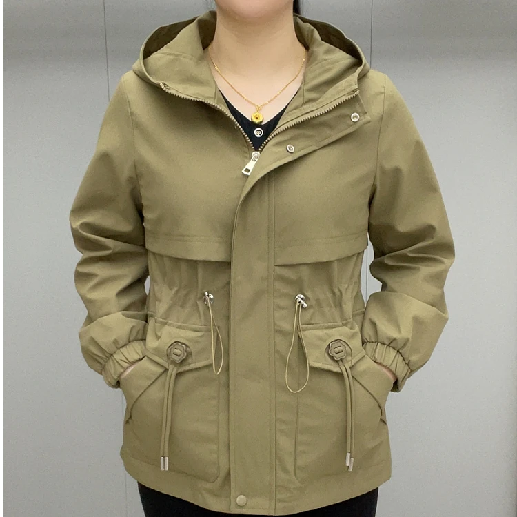 连帽中长款秋冬女士薄款修身型风衣工装法式外套长袖上衣绑带外套