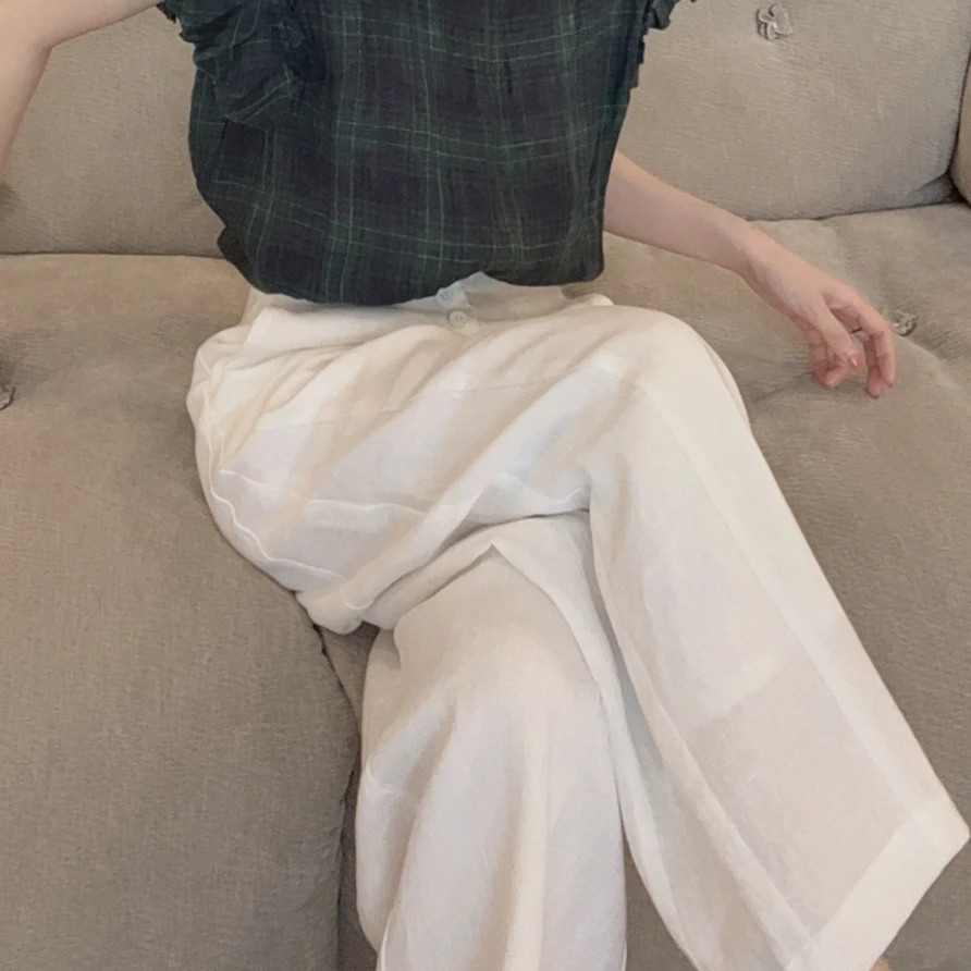 【悦悦专属】夏季慵懒松弛感一排扣亚麻休闲裤Y297