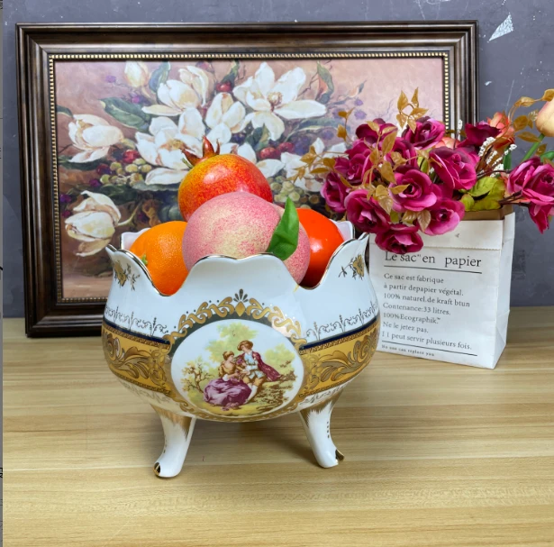 陶瓷高档欧式创意描金三脚果篮