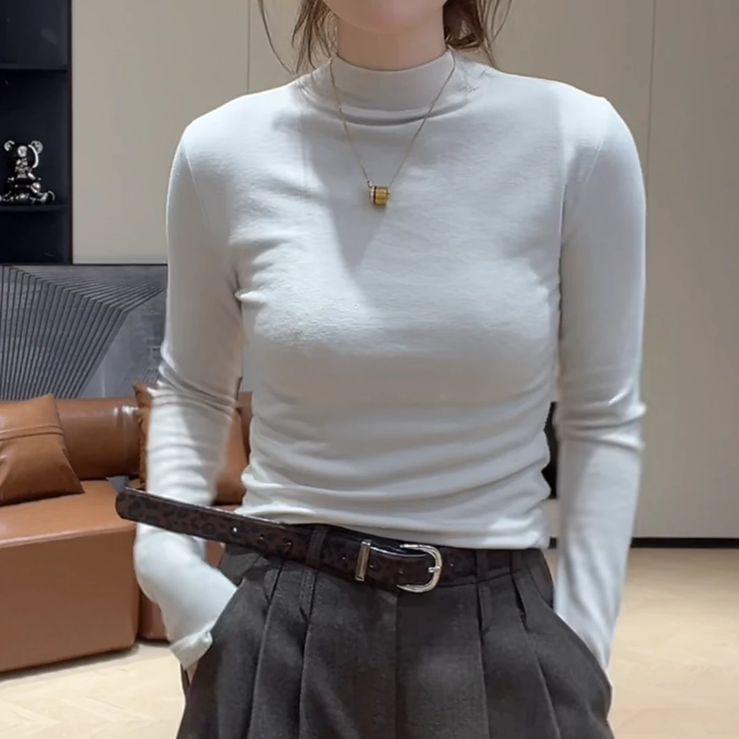 显瘦半领厚款保暖长袖打底上衣2025新款秋冬内搭时尚修身纯色T恤