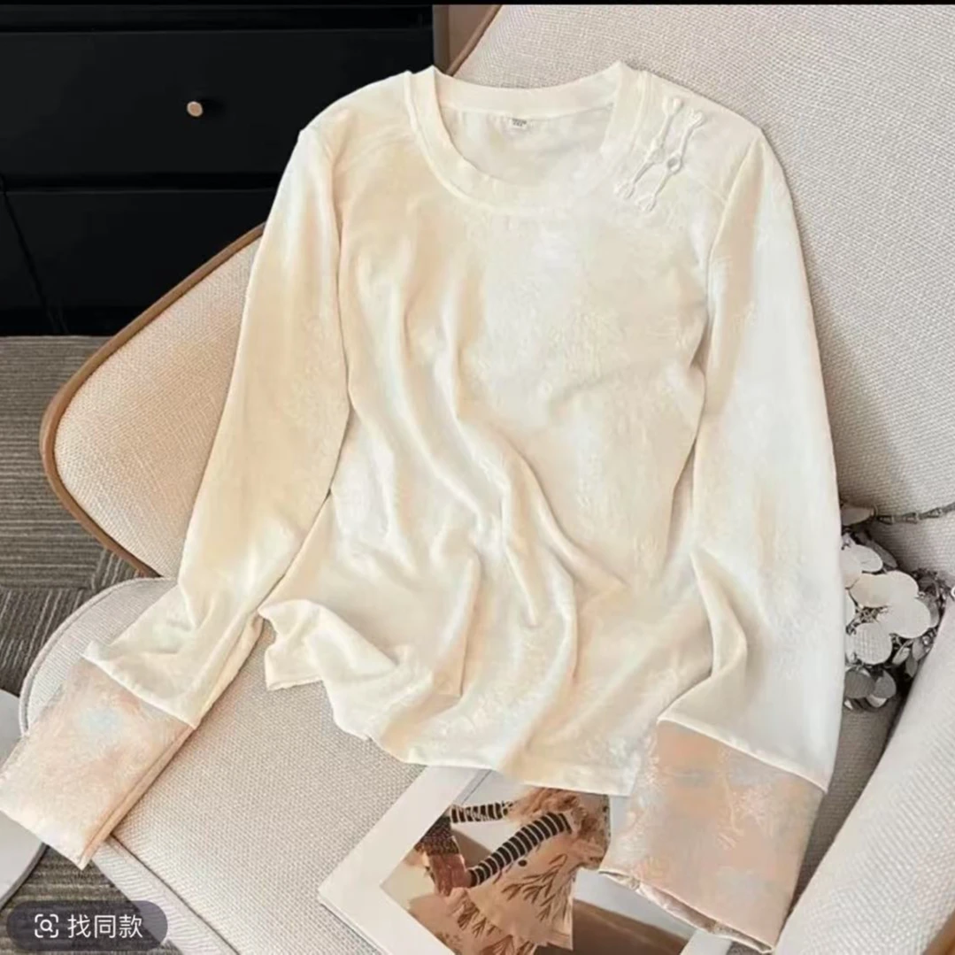 新中式针织长袖休闲时尚套装常规春季新中式女T恤刺绣纯色