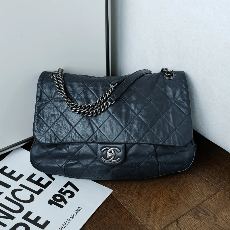 95新 Chanel/香奈儿 Azul-海军蓝牛皮银扣熔岩链南瓜单肩包51677