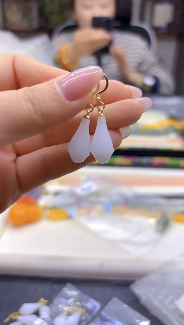 14K金镶嵌和田玉耳饰DIY款E60