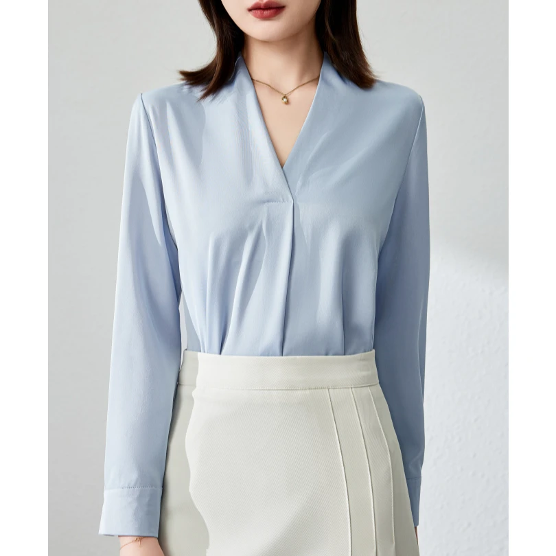 通勤西装内搭缎面V领长袖衬衣女高级感职业工作服气质衬衫女面试