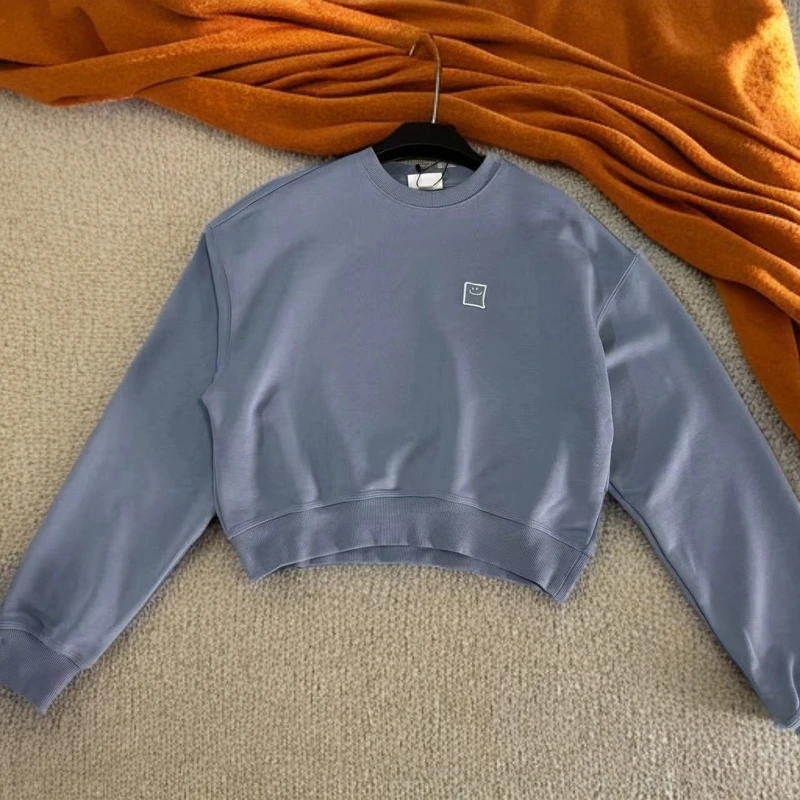 圆领别致设计感笑脸贴布慵懒风短款卫衣4314