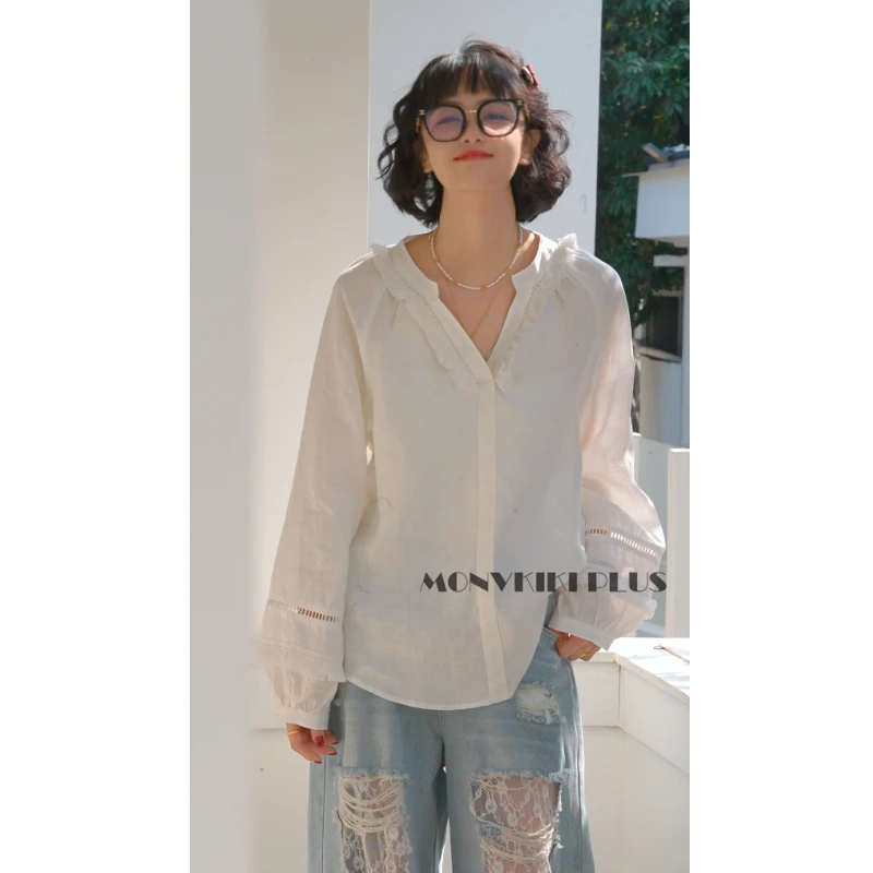 MoNvKiKiPlus2“春风醉“100%亚麻纯欲v领文艺长袖新中式上衣#A33