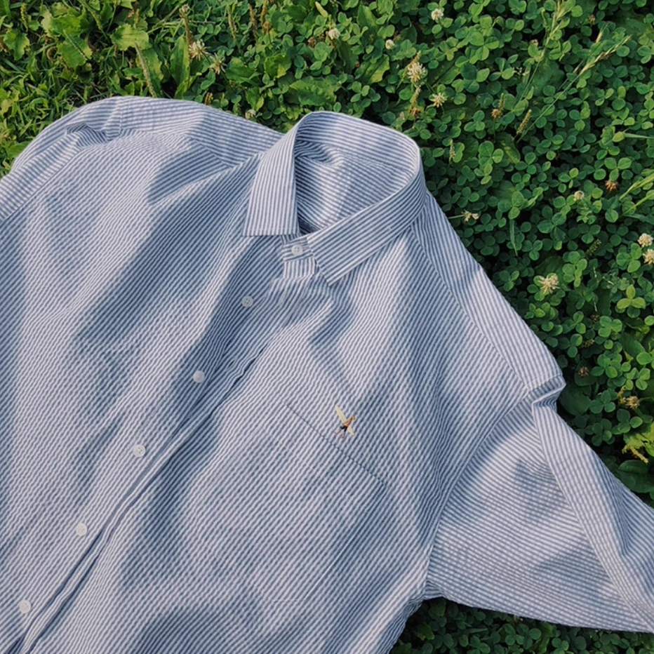 刺绣设计感条纹长袖衬衫男夏季韩版潮牌宽松翻领防晒衣外套时尚