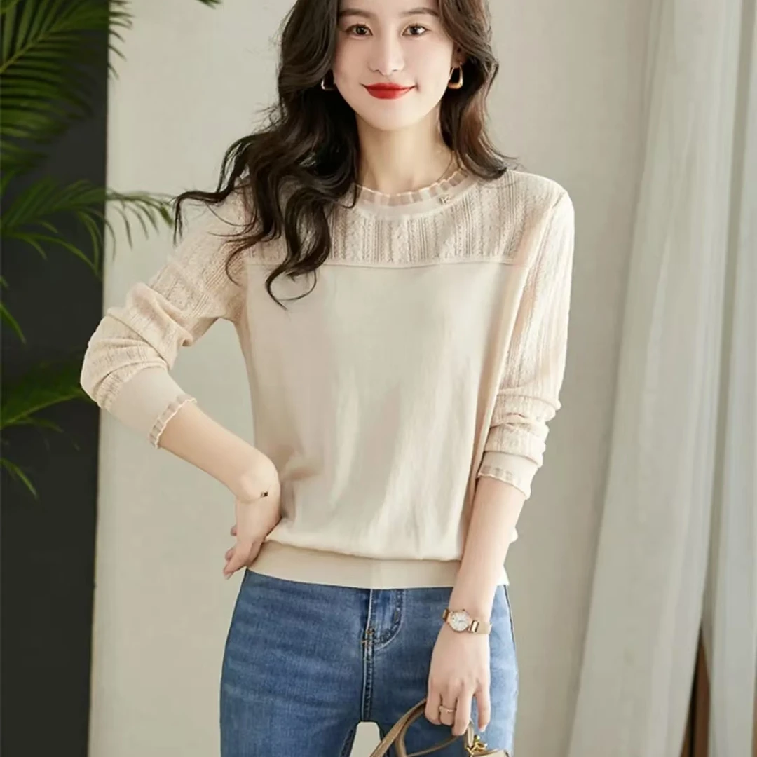 蕾丝边圆领针织衫女短款宽松洋气外穿毛衣时尚漂亮薄款打底绵羊毛