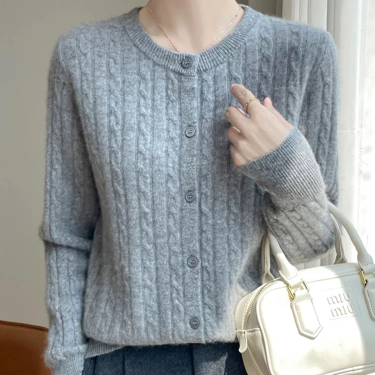 2025秋冬新款100棉羊开衫女圆领宽松提花外套针织毛衣外搭MY1107