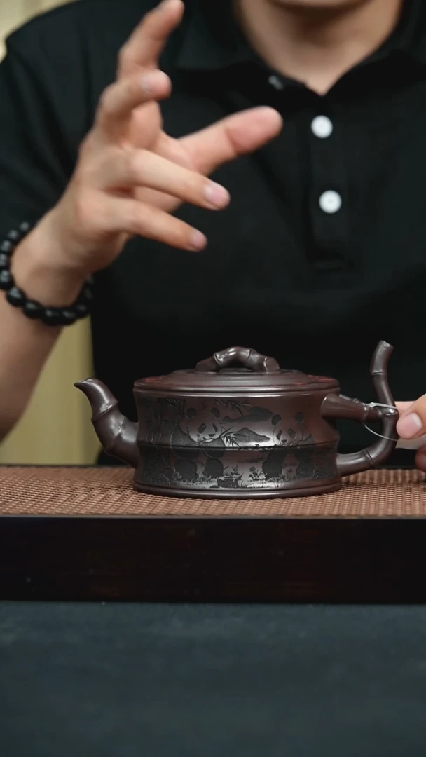 茶壶紫砂老紫泥刻绘熊猫竹节