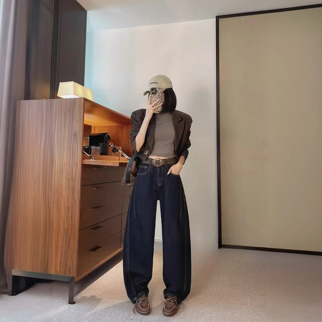 【杭州货】新款秋季原色蓝植绒高腰显瘦直筒牛仔裤女宽松阔腿弯刀裤