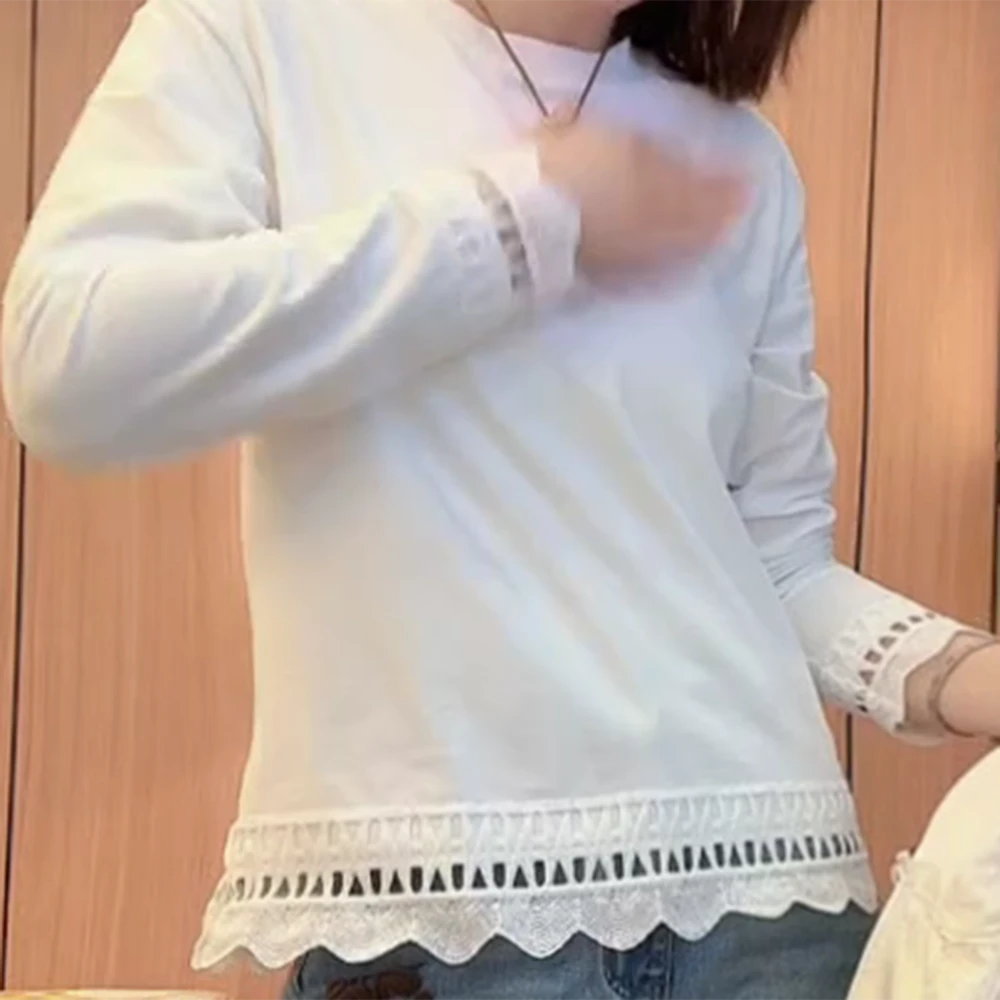 「短款线花蕾丝」蕾丝肌理感慵懒风长袖新款简约圆领上衣