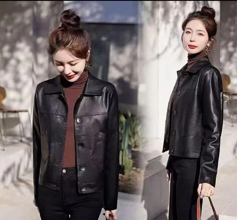 薄款排扣韩版女士皮衣外套