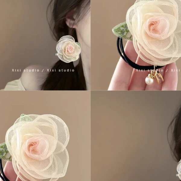 网纱玫瑰发圈清新花朵头饰发绳侧边麻花辫发饰发卡头绳高颜值头花