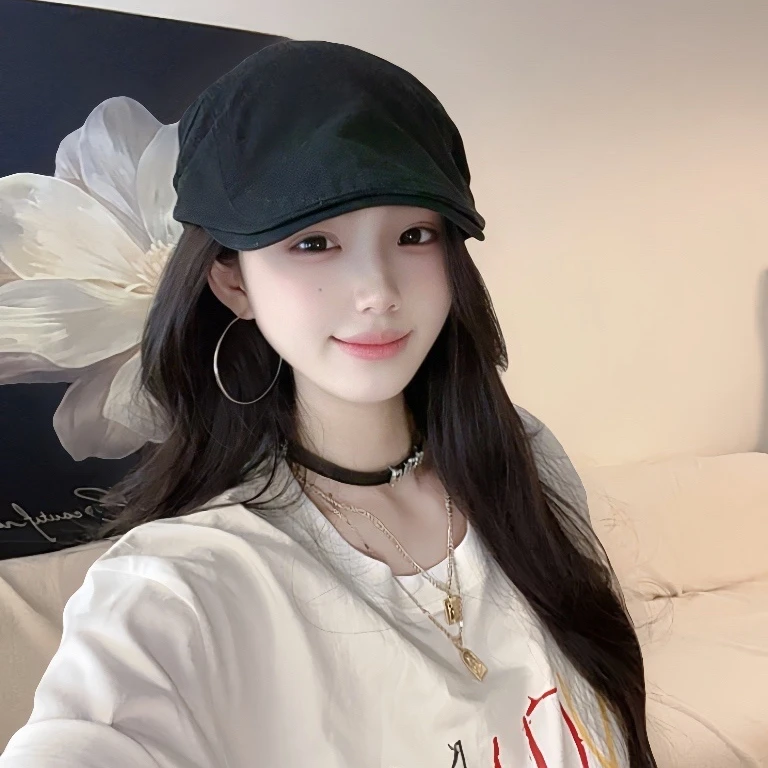 复古反戴棕色字母前进帽女百搭显脸小贝雷帽日系大头围画家帽子潮