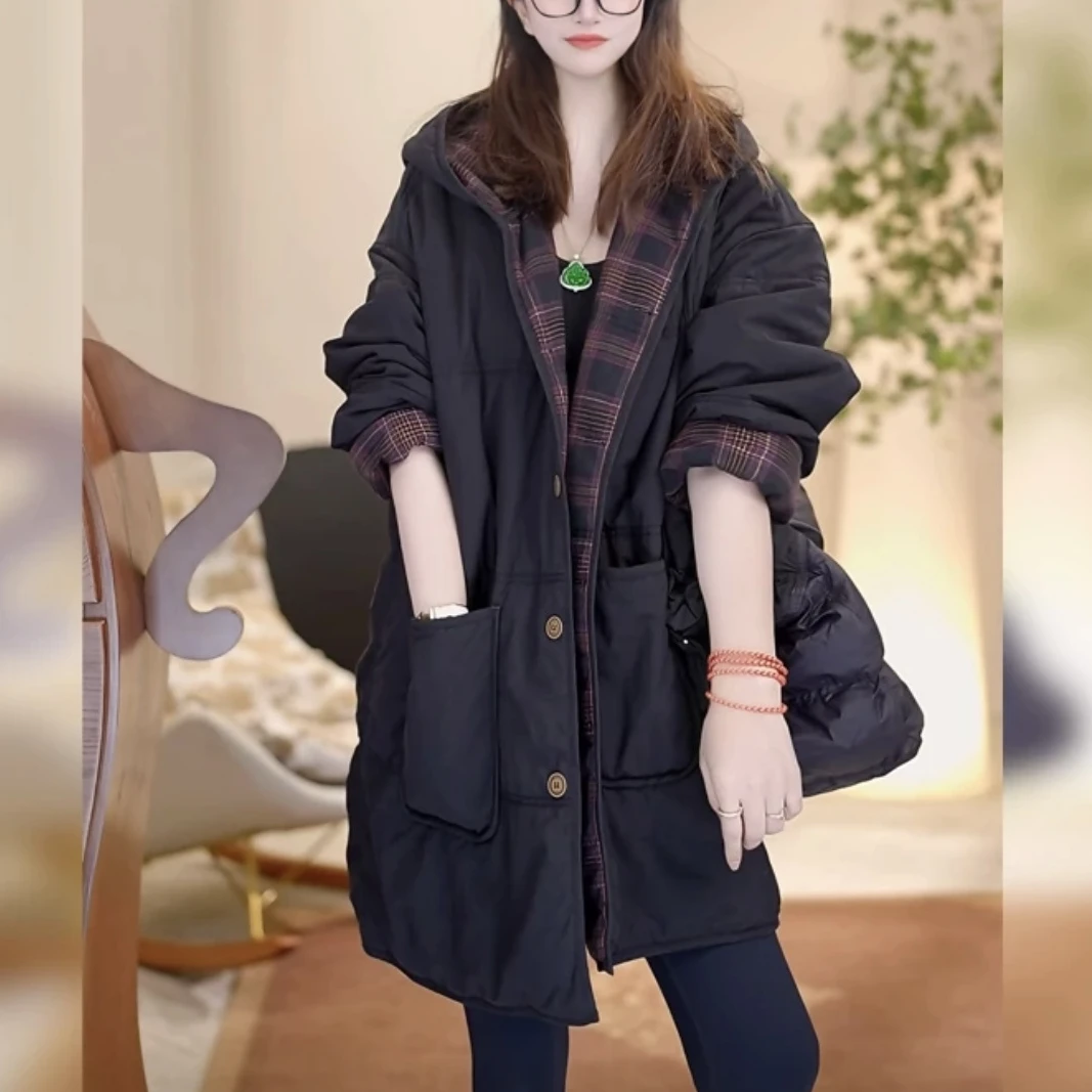 秋冬爆款格子双面穿气质连帽棉服多色2025年新款宽松显瘦保暖外套