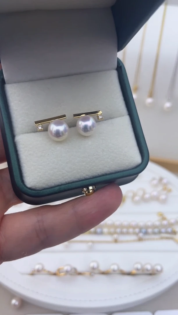 18K金镶嵌耳饰海水珍珠18K金海水akoya7.5-8平衡木耳钉