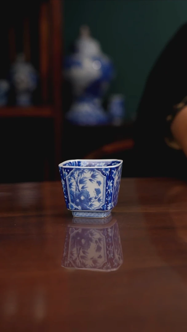 晓月窑青花四方主人杯梅兰竹菊
