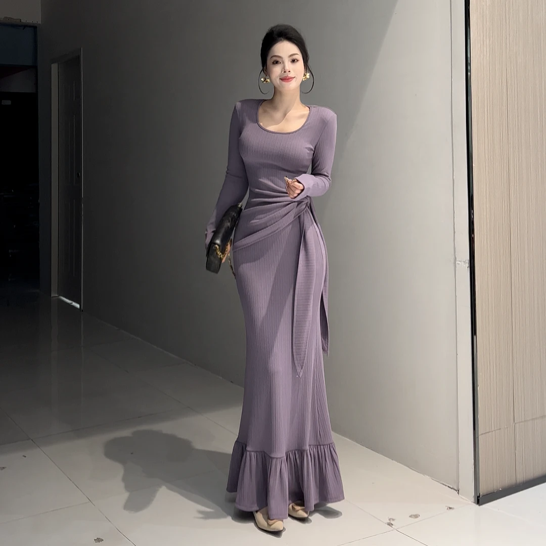 气质时尚纯色优雅两件套连衣裙长袖绑带设计上衣加长款包臀裙