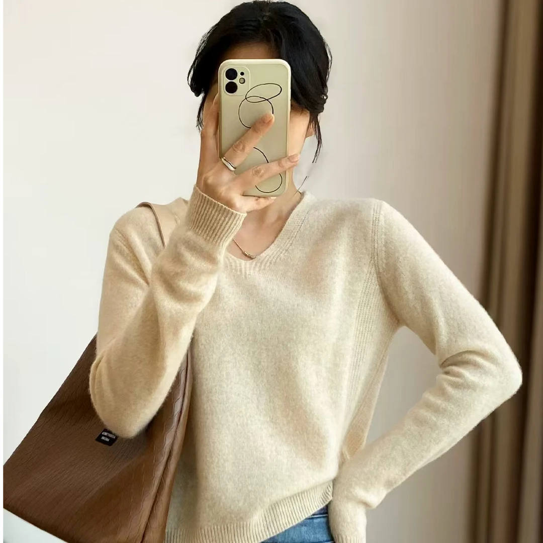 时尚气质舒适休闲100%羊绒百搭简约V领长袖毛衣针织衫新款