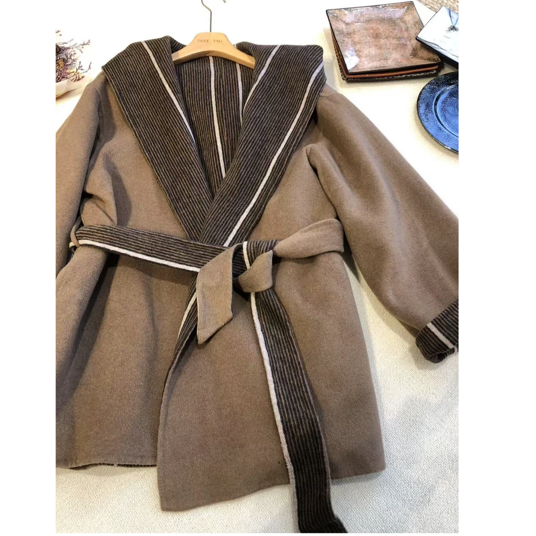 【no退no换 谨慎下单】里衬条纹系带毛呢外套 121316