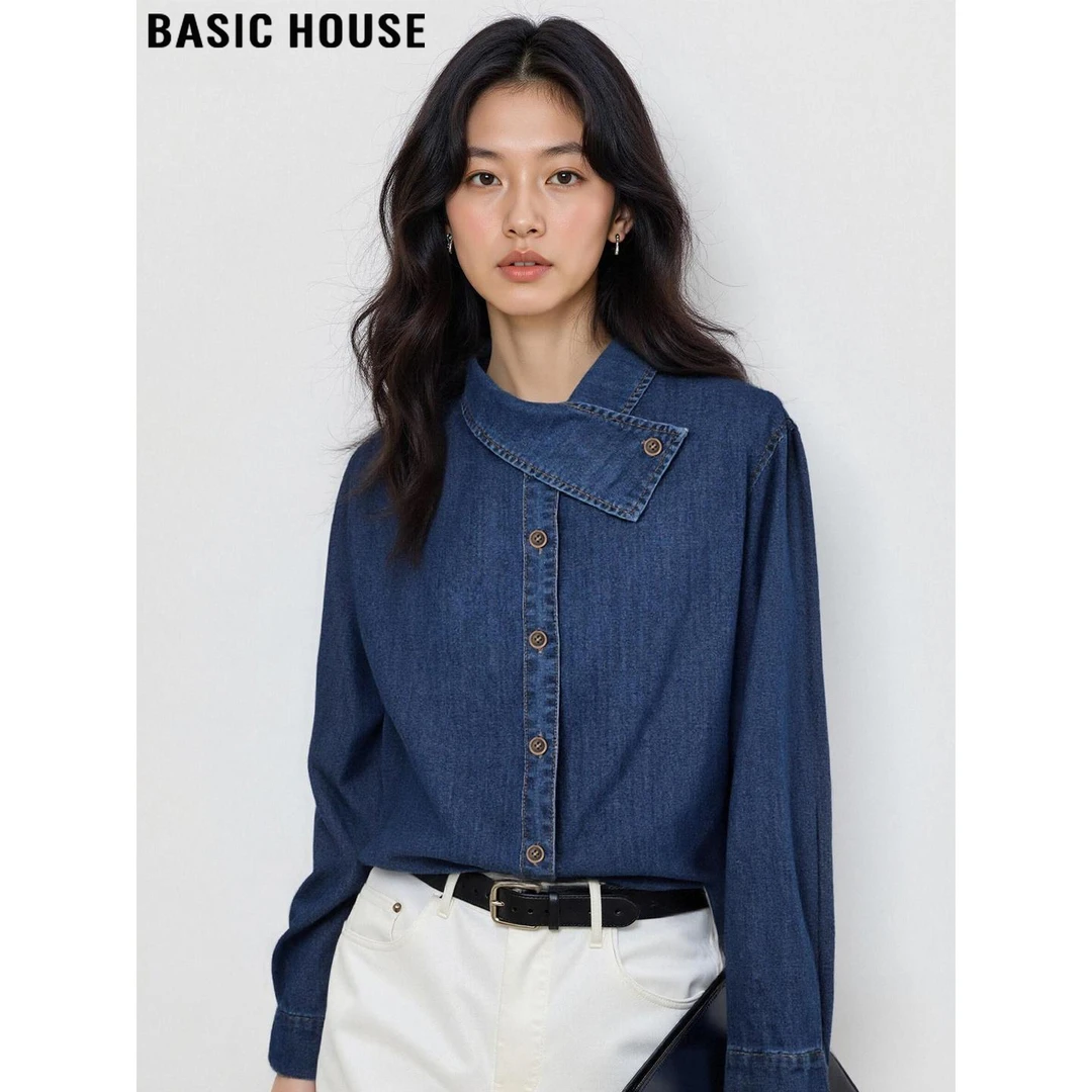 Basic House/百家好设计感交叉领长袖牛仔衬衫女2025秋冬衬衣开衫