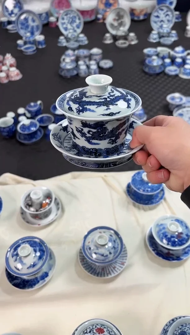 盖碗瓷景德镇陶瓷茶具青花宣德龙马蹄盖碗