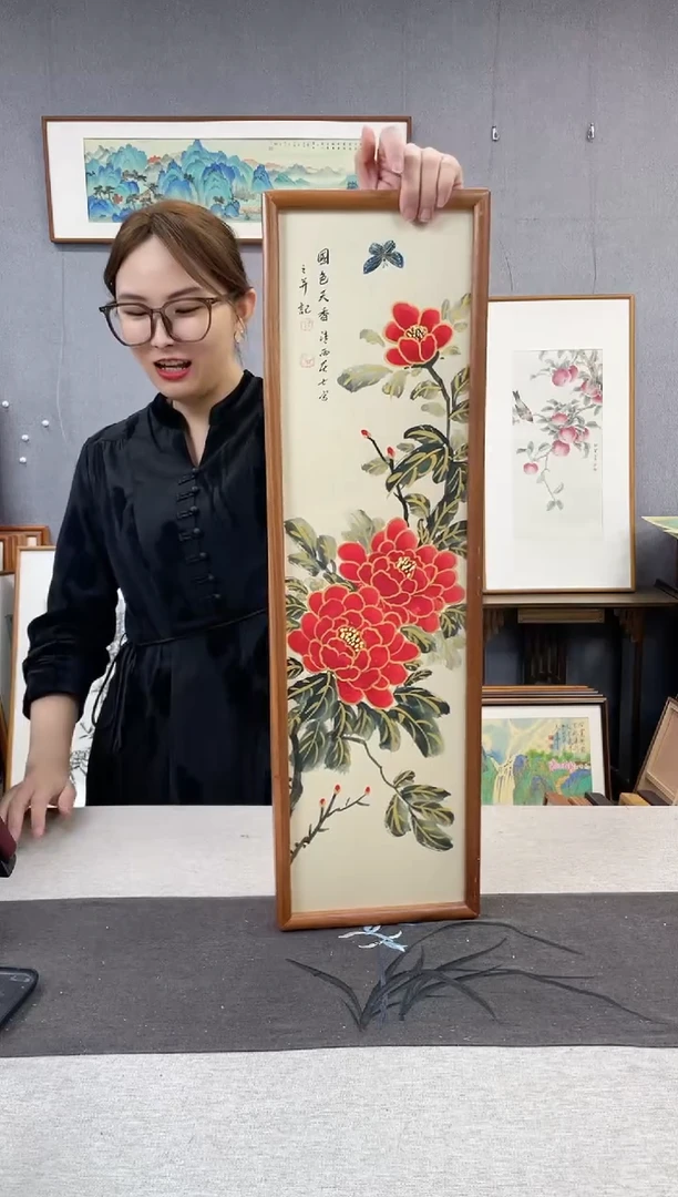 【闪购商品】国画孔德尚-手绘带框作品-20*70-牡丹