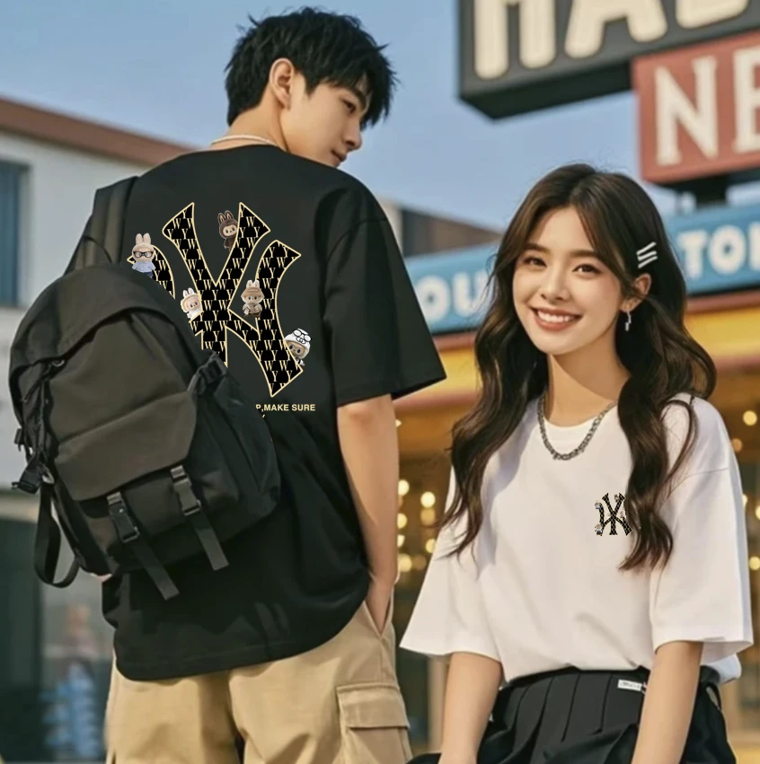 【小美人专属】男女同款夏季潮流简约T恤-啦布布黑Y+草莓熊-82-1