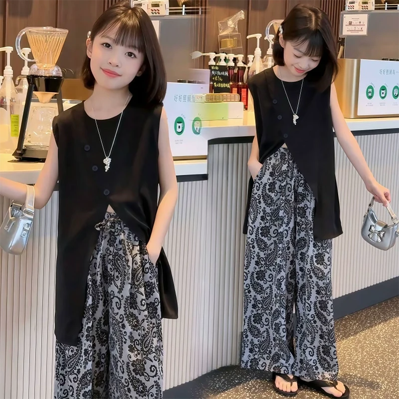 女童夏季无袖套装2025新款慵懒风女大童复古气质时尚阔腿裤两件套