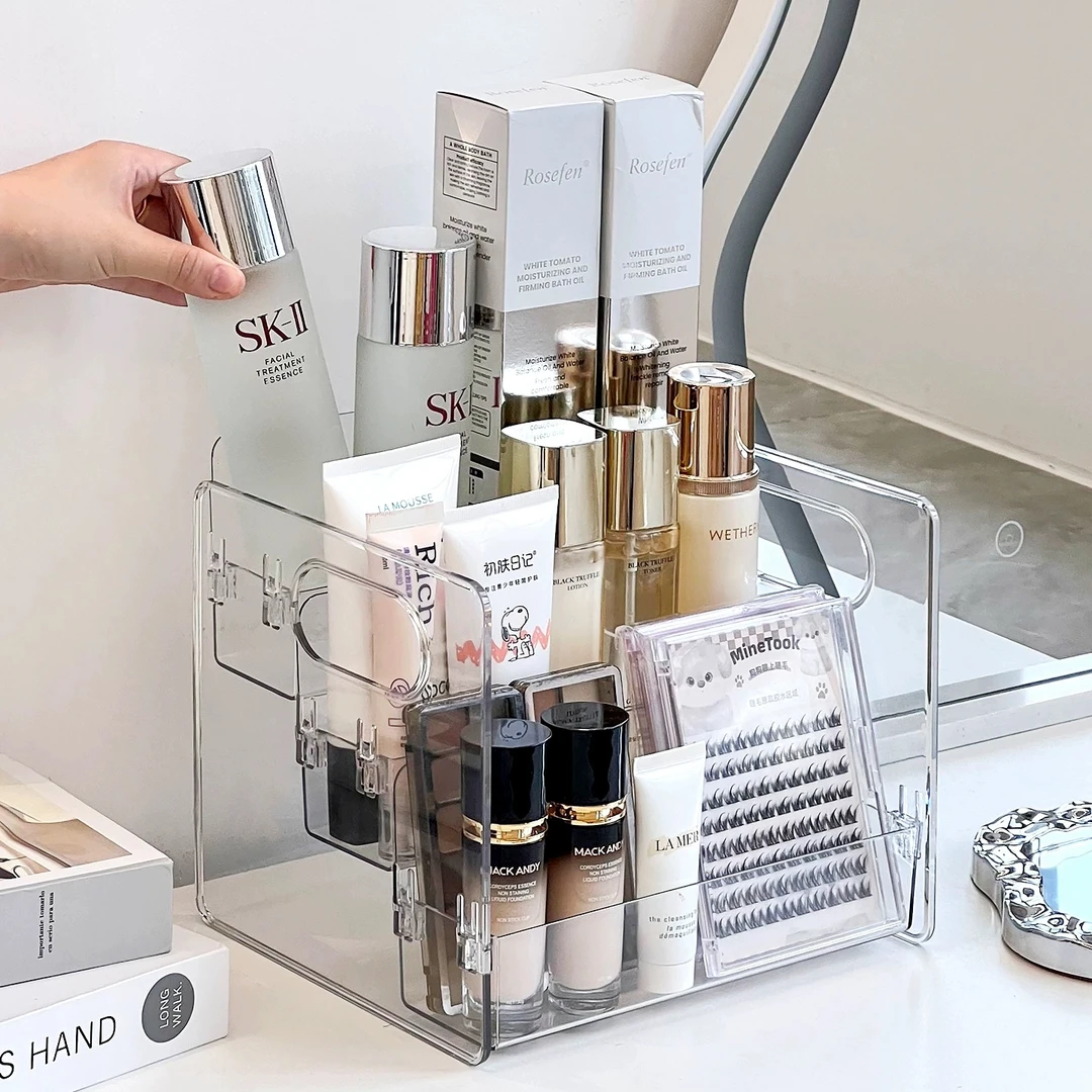 透明阶梯式化妆品多层收纳盒卧室梳妆台桌面护肤品香水分层置物架