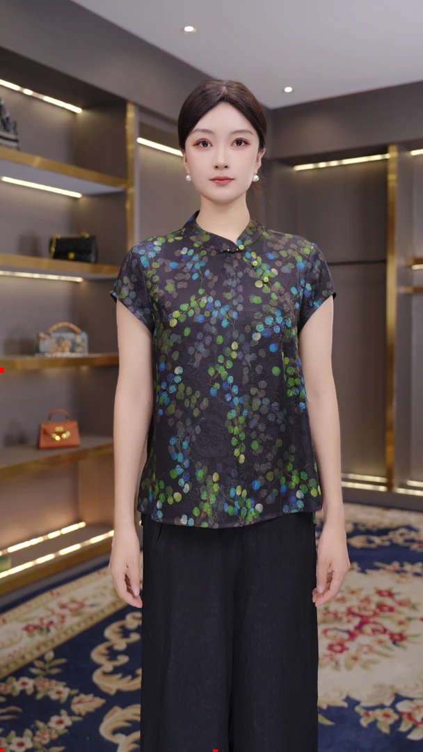 [枝上春] 2025新款花萝提花气质斜襟琉璃扣连肩袖上衣