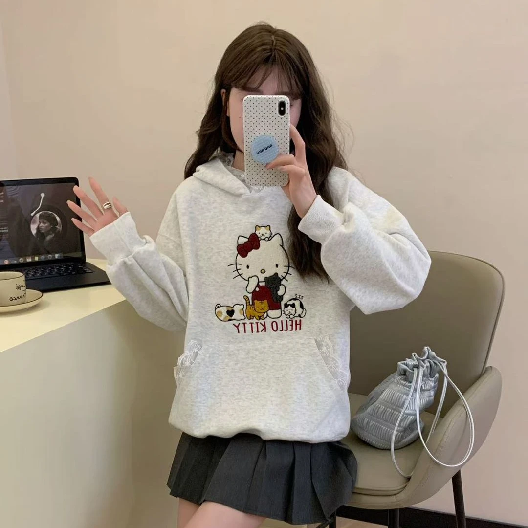 蕾丝猫咪连帽卫衣女2025春季薄款宽松设计感慵懒风oversize上衣