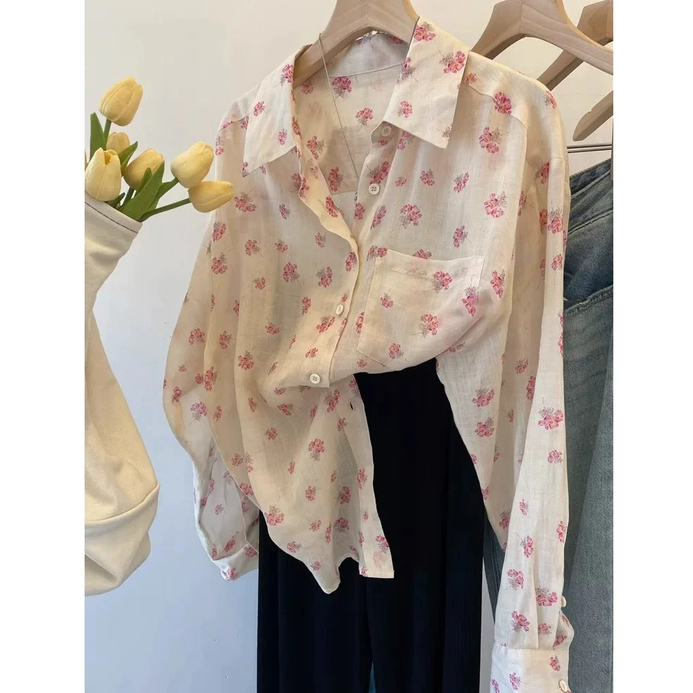 甜美碎花POLO领衬衫女秋季薄款宽松百搭开衫温柔气质小众上衣1301