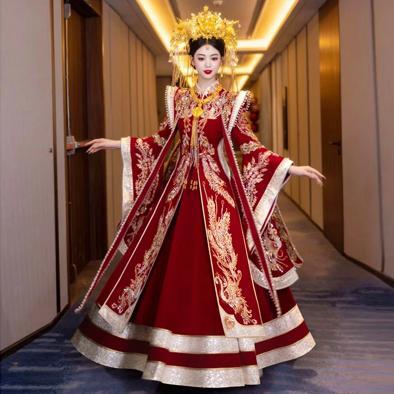 汉服主婚服秀禾服新娘结婚凤冠霞帔重工丝绒秋冬嫁衣敬酒服出阁