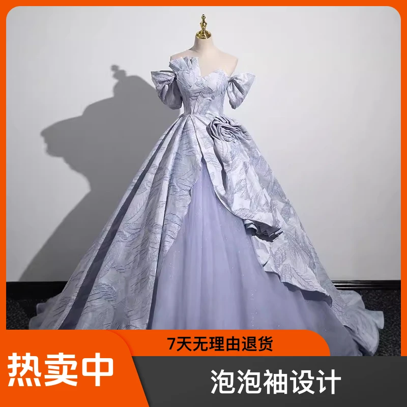 晚礼服裙女蓝色高端轻奢生日宴会高级感缎面成人礼声乐艺考晚礼服