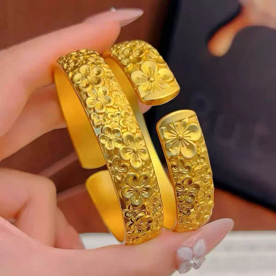 铜合金手镯 宽版花朵手镯女黄金色新轮胎结婚首饰和服泥鳅背镯子